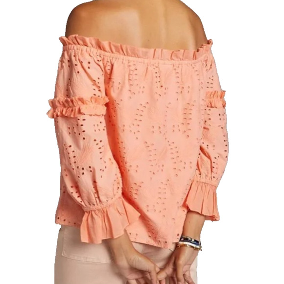 Anthropologie Jane Eyelet Lace Off Shoulder Peasant Prairie Cottage Blouse Coral - Picture 3 of 11
